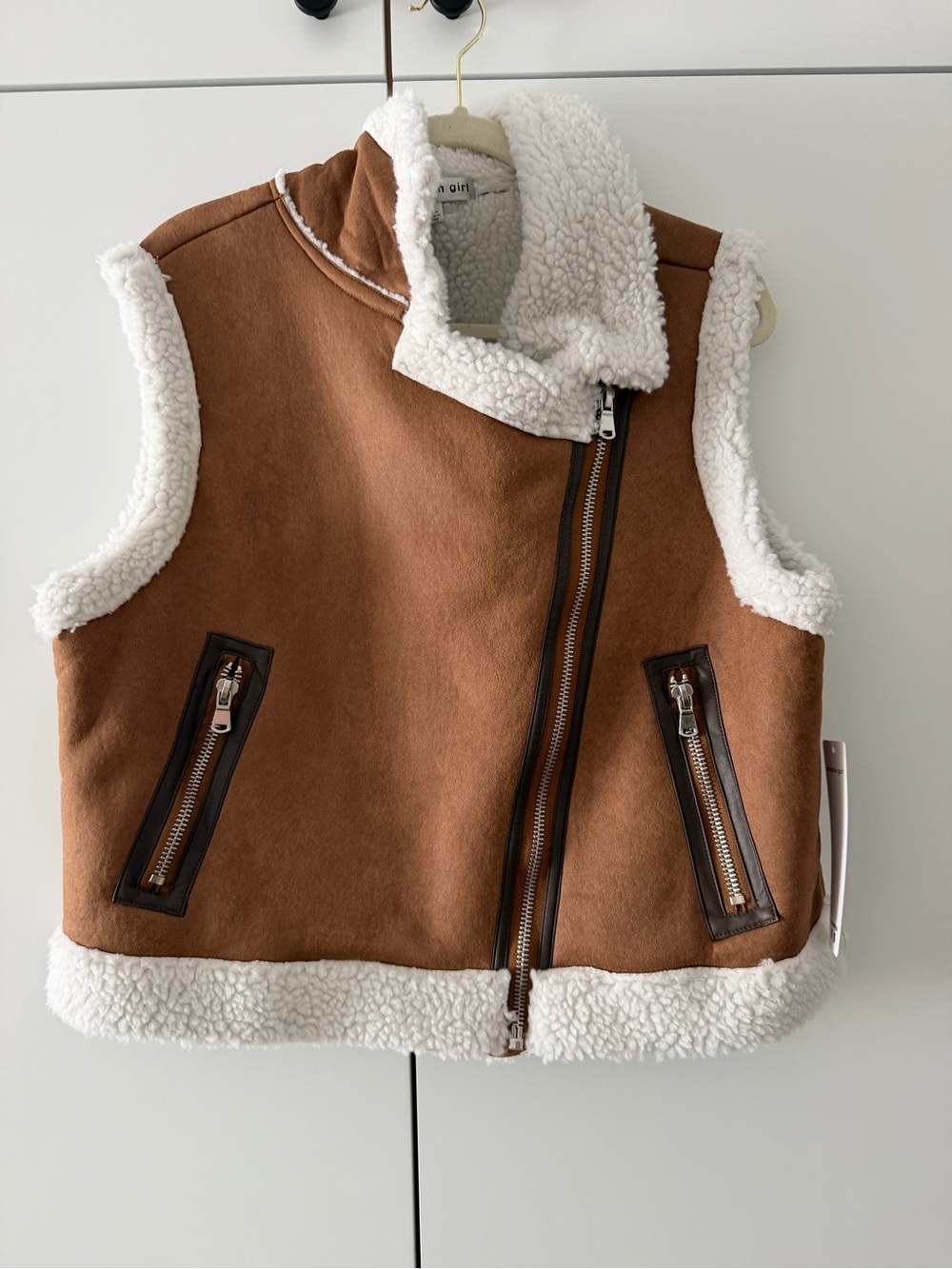 Madden Girl Sherpa Faux Suede Moto Vest Brown XL NWT